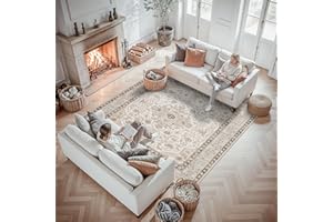 7x7 Area Rug Square for Living Room: Oriental Washable Rugs for Bedroom - Ultra Thin Low Pile Stain Resistant Carpet - Home E