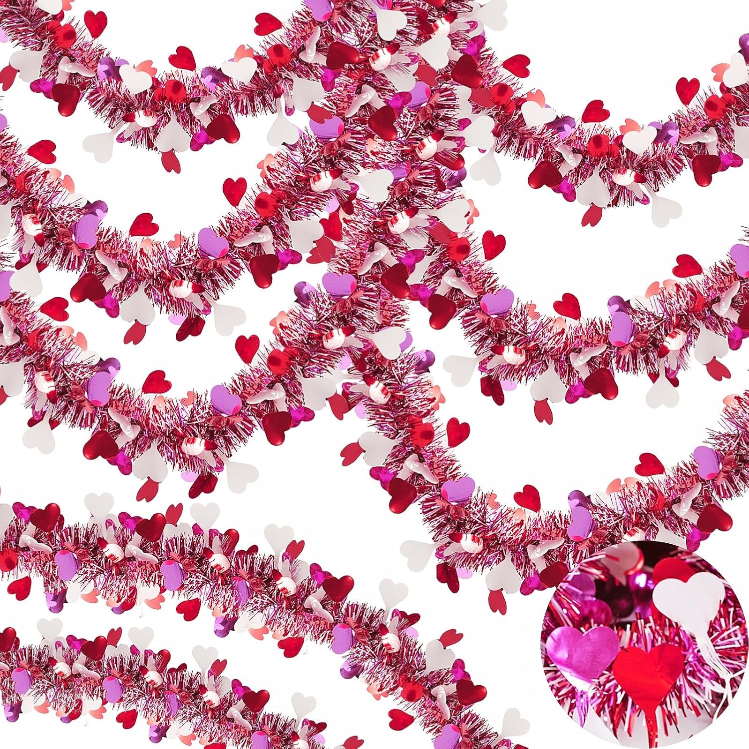 Wreaths, Garlands & Swags - 66FT Valentine Heart Tinsel Garland 2 Strings Red Pink Valentines Heart Tinsel Garland Twist Metallic Hanging Garland Valentine's Day Tree Indoor Outdoor Wedding Valentine Decorations
