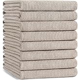 Mordimy Premium Kitchen Towels 8 Pack (18 x 28 Inches, Khaki), Large Cotton Kitchen Hand Towel, Flat & Terry Dish Towels for Drying Dishes, Super Absorbent Tea Dishtowels Set with Hanging Loop