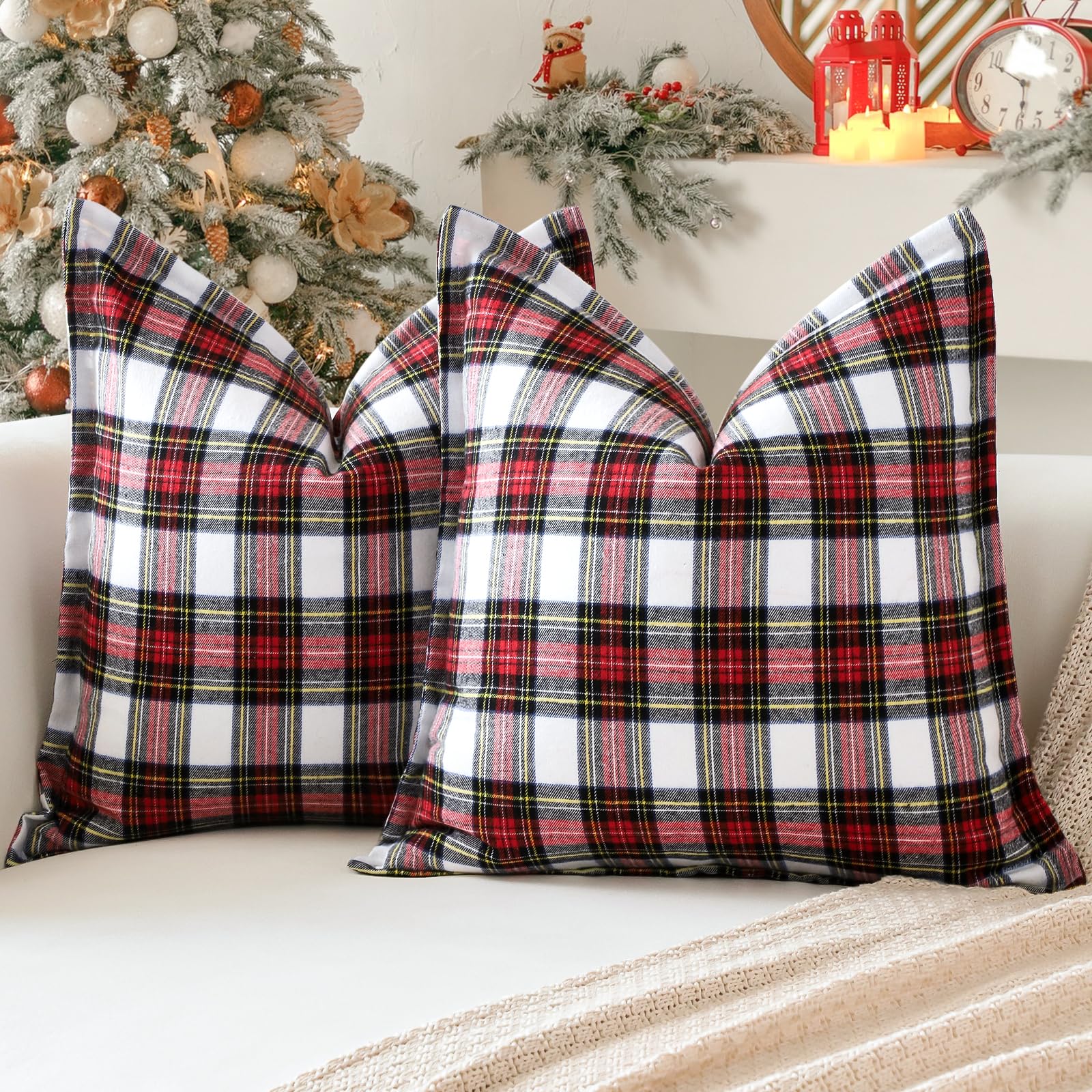 Sungeek Christmas Scottish Tartan Cushion Covers 60 x 60 Set of 2 Linen Decorative Check Plaid Square Pillow Covers with Stitched Edge for Sofa Couch Bed Living Room 24x24 Inch (White)
