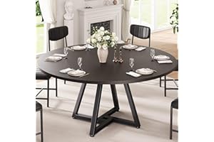 51“ Round Kitchen Dining Room Table for 4-6, Circle Dining Dinner Table with Pedestal Metal Frame, Space Saving Wood Industri