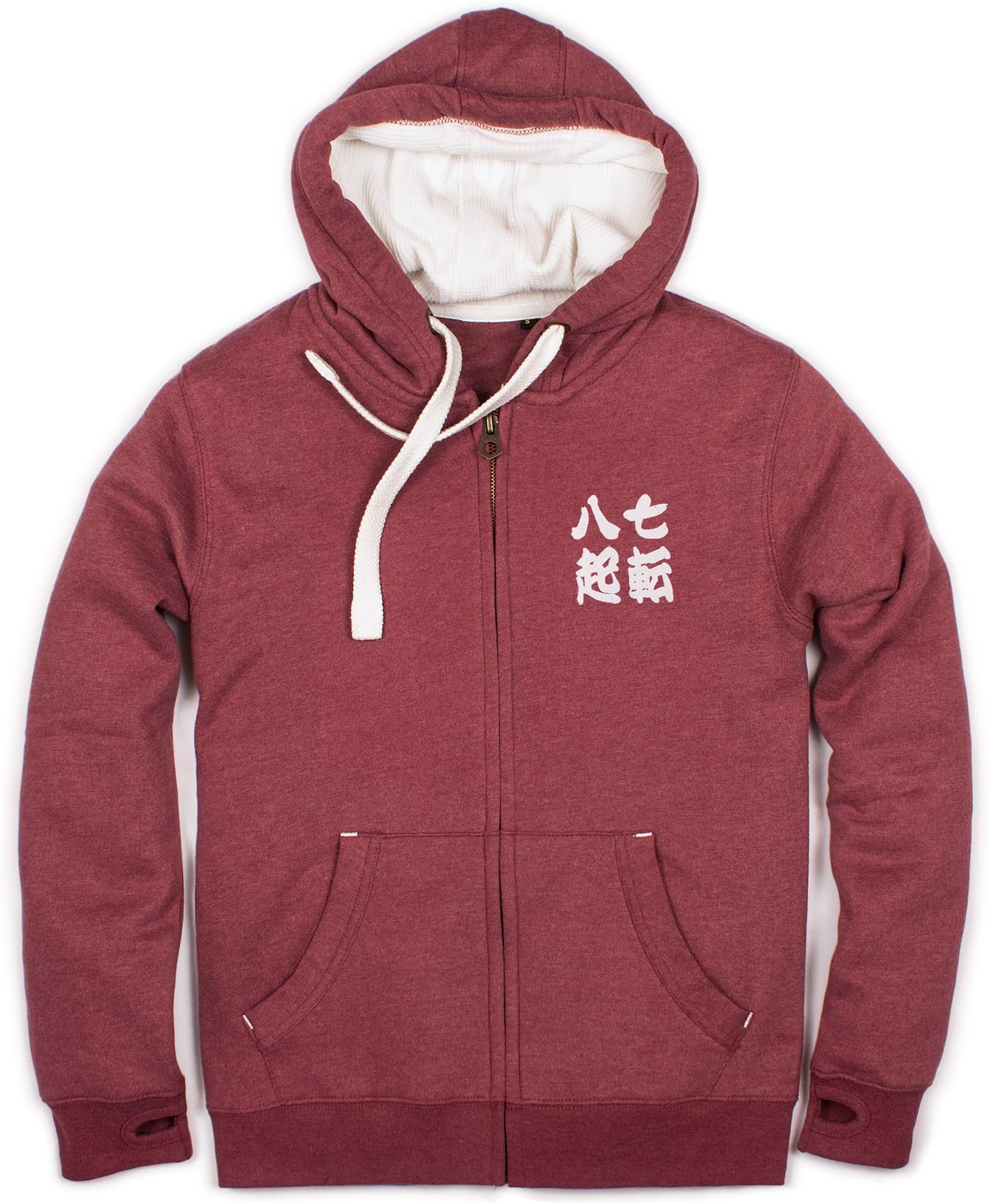 Strand Clothing Japanese Zip Hoodie Shichiten Hakki/Nanakorobi Yaoki - Calligraphy Positive Motivational Jumper with Thumb Hole Cuffs Sweatshirt Hooded Top Unisex