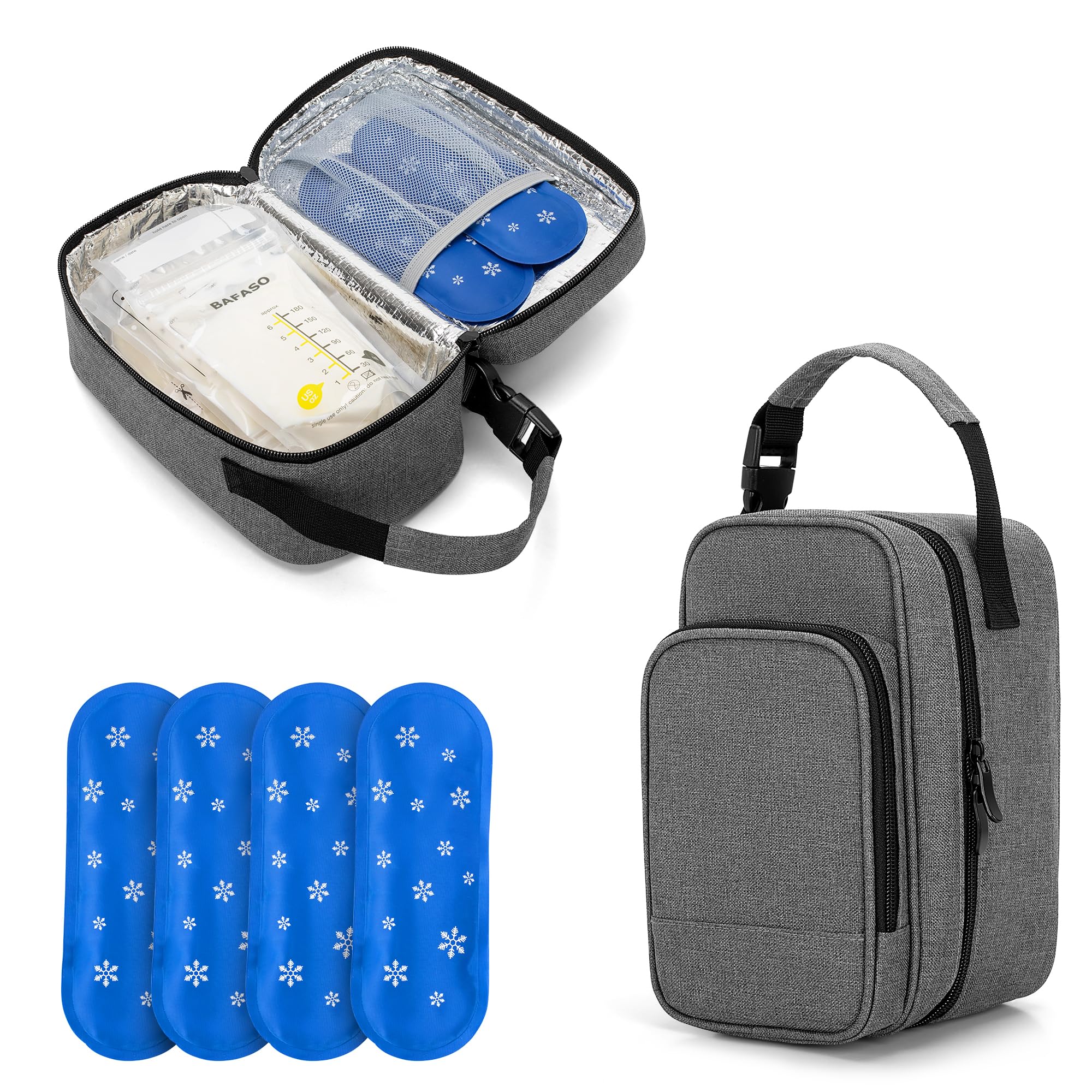 BAFASO Insulated Breastmilk Cooler Bag with 4 Gel Ice packs, Breastmilk Cooler Fits 6 Bags of Breastmilk, Grey