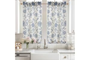 DriftAway Kitchen Curtain Floral Tier Linen Short Floral Paisley Patterned Cafe Curtains 45 Inch Length for Living Room Bathroom Freda Jacobean Farmhouse Country Drapes Rod Pocket 2 Panels Navy