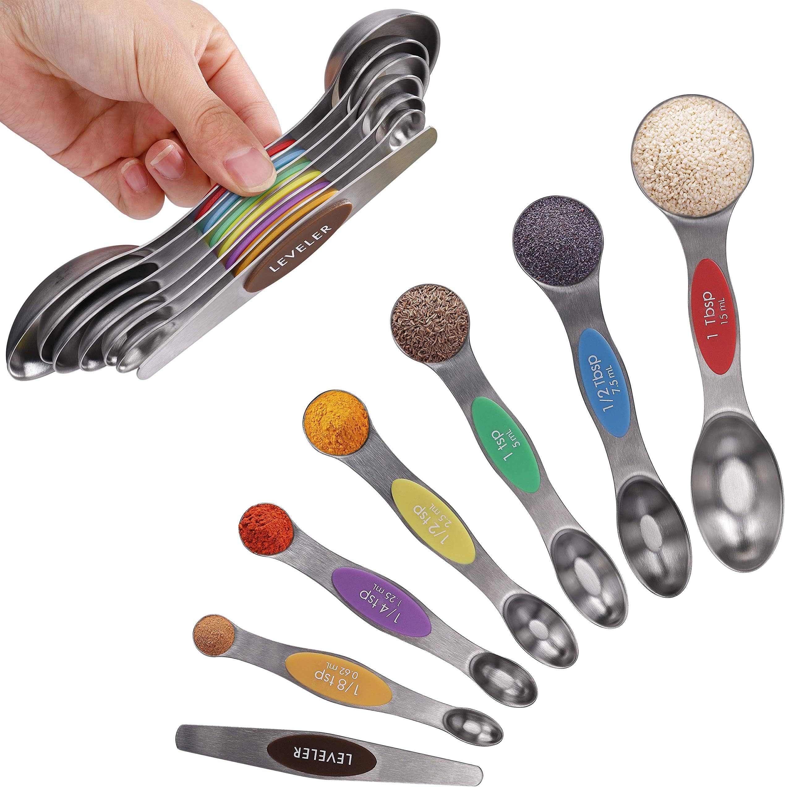 Magnetic Measuring Spoons Set Stainless Steel Stackable Dual Sided Teaspoons and Tablespoons with Accurate Measurement Markings for Measuring Dry and Liquid Ingredients, Set of 7 (Multicolor)