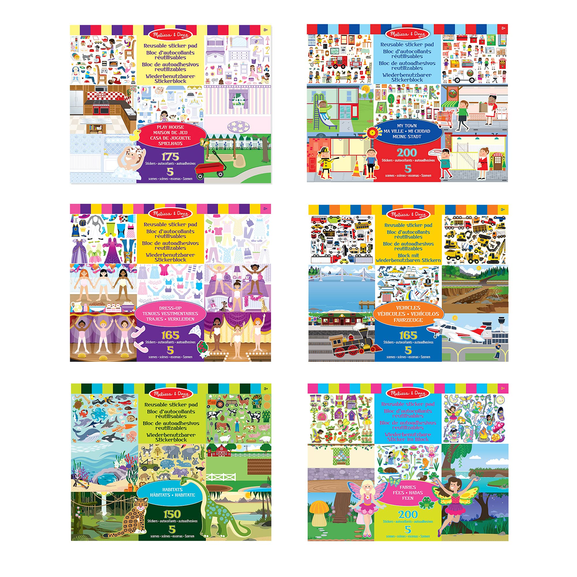 Melissa & Doug Bundle of 6 Reusable Sticker Pads - Play House, Dress-Up, Habitats, My Town, Vehicles and Fairies | Activity Pad | Sticker Pad | 3+ | Gift for Boy or Girl, Multi Coloured, 45009