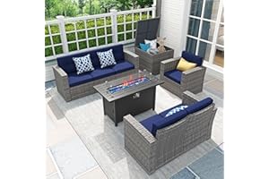 JOIVI 8 Pieces Patio Furniture Set with Fire Pit Table, Outdoor Sectional Conversation Set, Wicker Rattan Sofa Set with Storage Box for Garden, Poolside, Backyard, 3 Blue Pillows Included, Blue