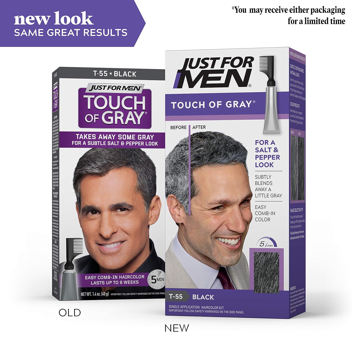 Just For Men Touch of Gray, Gray Hair Coloring for Men with Comb Applicator, Great for a Salt and Pepper Look - Black, T-55 - Pack of 3 (Packaging May Vary) : Chemical Hair Dyes : Beauty