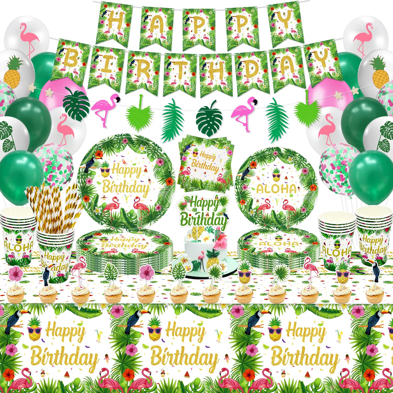 LKITMIUT 174 PCS Hawaiian Aloha Party Supplies Tropical Luau Decorations Decor Summer Tableware Set - Plates, Banner, Balloons, Cups, Napkins, Palm Leaves, Garland Serves 20