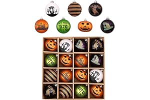 Valery Madelyn Large Halloween Ornaments Tree Decorations, 16ct 3.15 Inch Shatterproof Jack-o'-Lantern Pumpkin Vintage Decorative Hanging Tree Ball Ornaments Set, Cute Holiday Party Indoor Home Decor