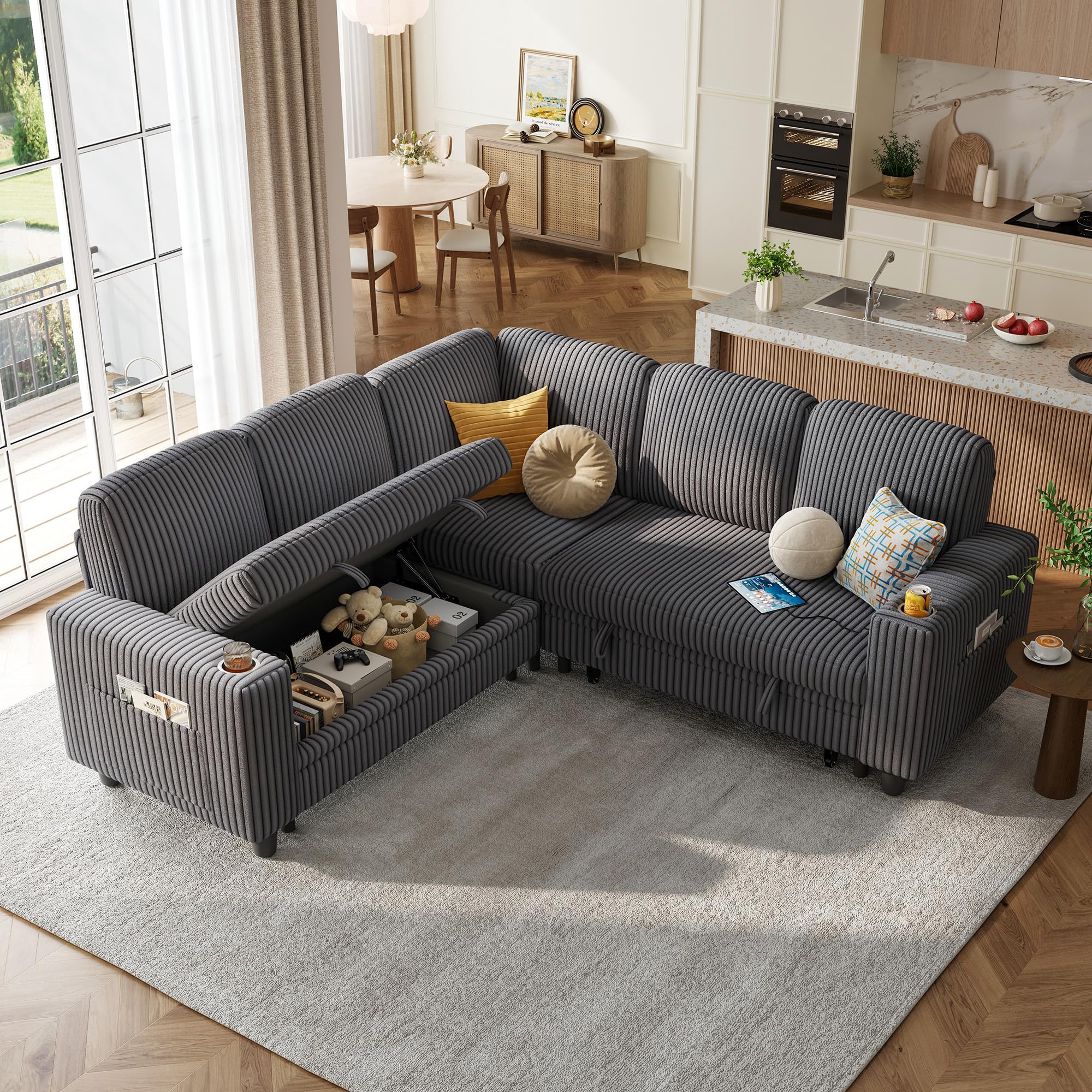 Photo 1 of **ONLY THE SECTIONAL WITH STORAGE UNDER NEATH**LINSY HOME Pull Out Sofa Bed Sectional Sleeper Sofa with Storage, Plush Corduroy Pullout Modular Sectional Couches for Living Room, L/U Shaped Convertible Couch Bed for Apartment (Grey)