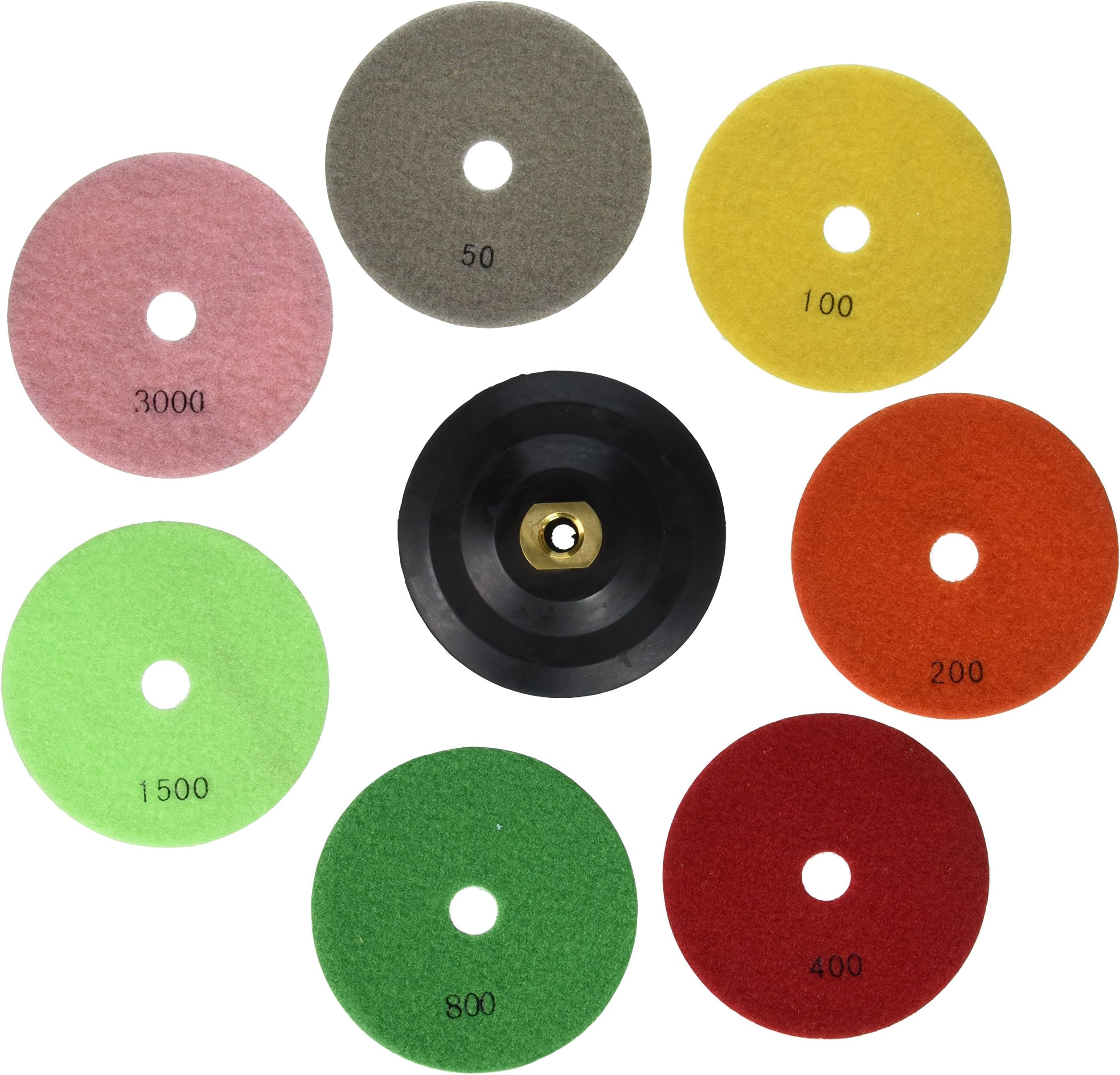 5" Diamond Polishing Pad Set Includes: 50, 100, 200, 400, 800, 1500, 3000 Grit & Includes Rubber Velcro Backing Pad - E5SET
