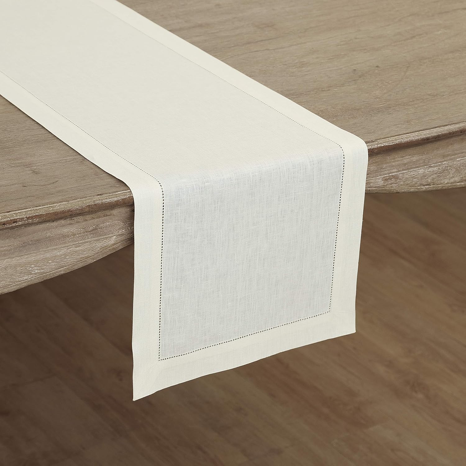Solino Home 100% Pure Linen Hemstitch Table Runner - 14 x 90 Inch, Handcrafted from European Flax, Machine Washable Classic Hemstitch - Ivory: Home & Kitchen