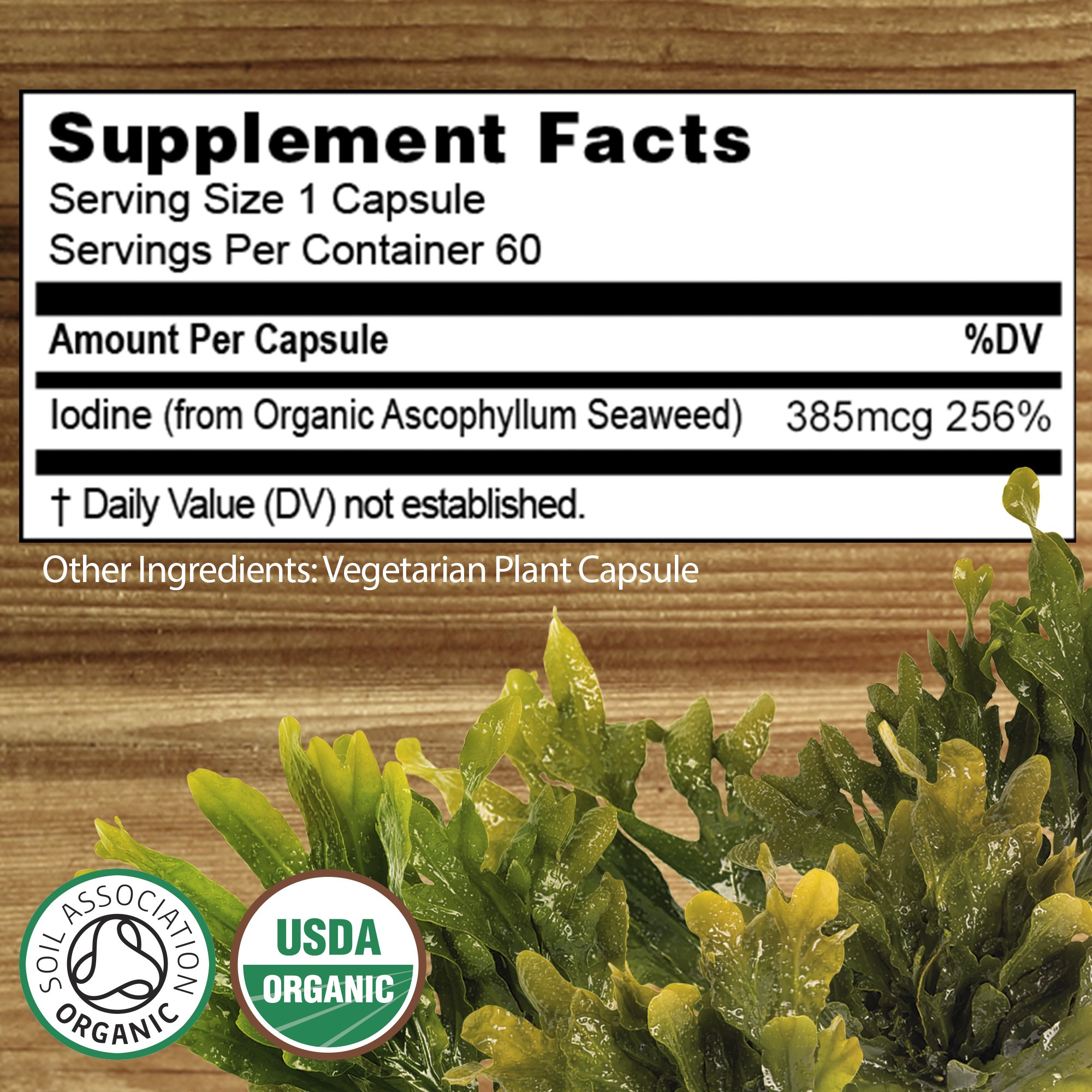 Certified Organic Iodine from 500mg Kelp Giving 385mcg Iodine per