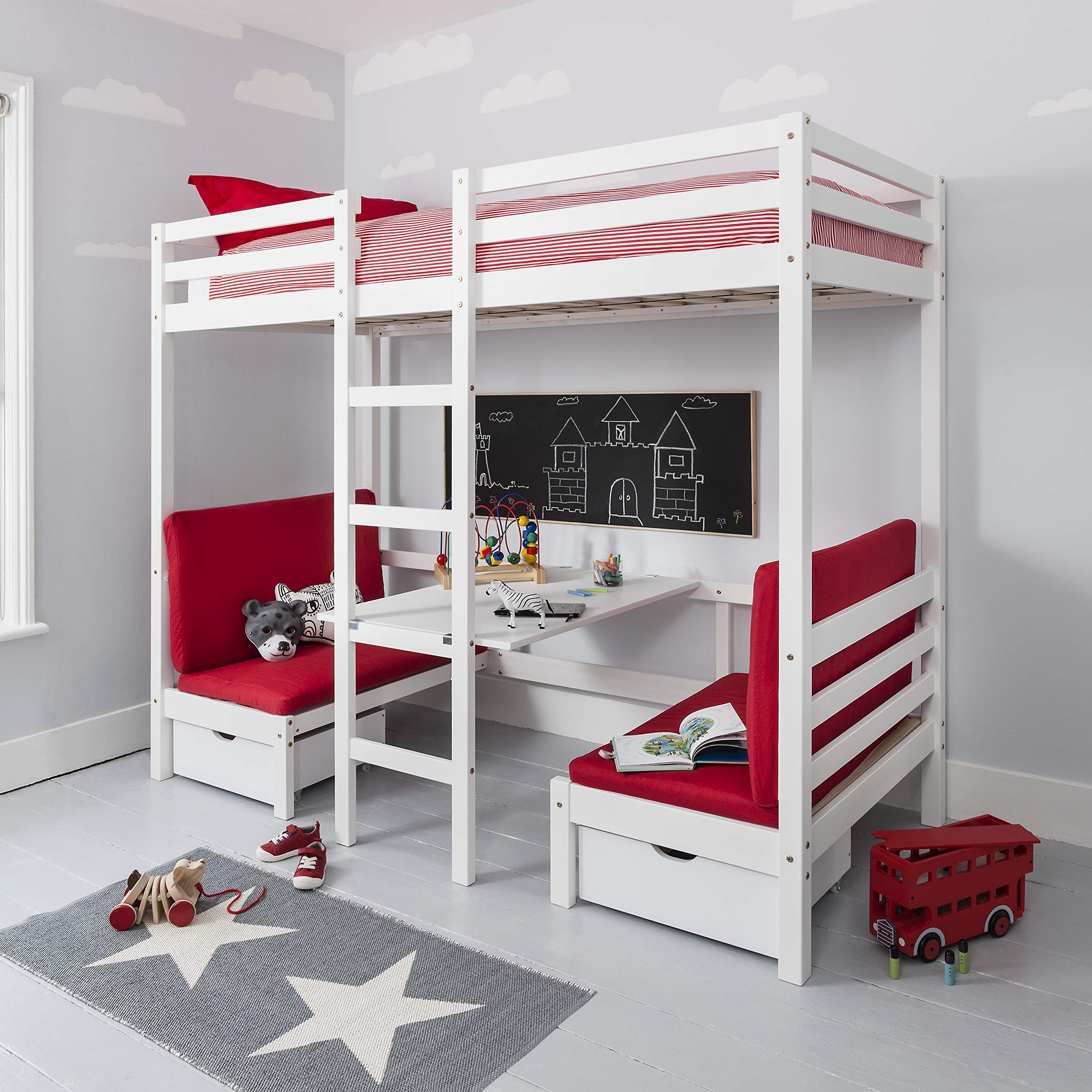Noa and Nani - Max Bunk Bed with Table, Sleepcentre and Red Cushions - (White)