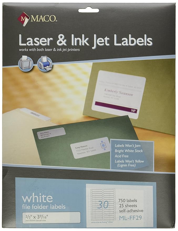 MACO Laser/Ink Jet White File Folder Labels, 2/3 x 37/16