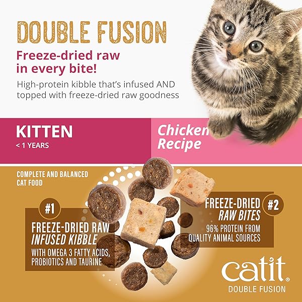 CATIT RECIPES DOUBLE FUSION KITTEN FOOD – CHICKEN RECIPE, 96% ANIMAL PROTEIN, FREEZE-DRIED RAW TOPPINGS, NO BY-PRODUCTS, HIGH-NUTRIENT WET & DRY BLEND FOR HEALTHY GROWTH, 4 LB