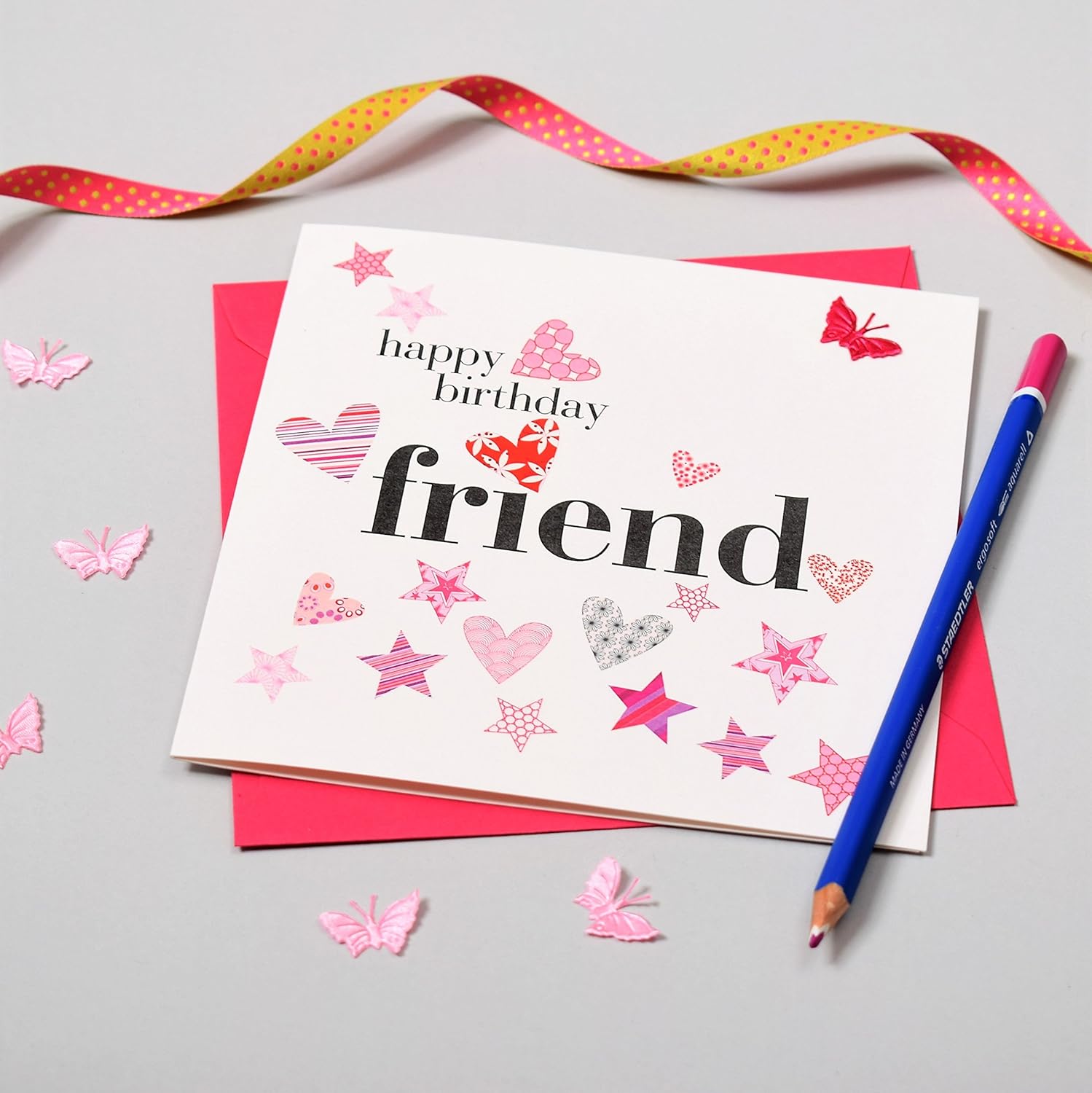 Claire Giles Greeting Cards, Happy Birthday Card, Friend, Pink Hearts and Stars, Embellished with a Fabric Butterfly - Image 4