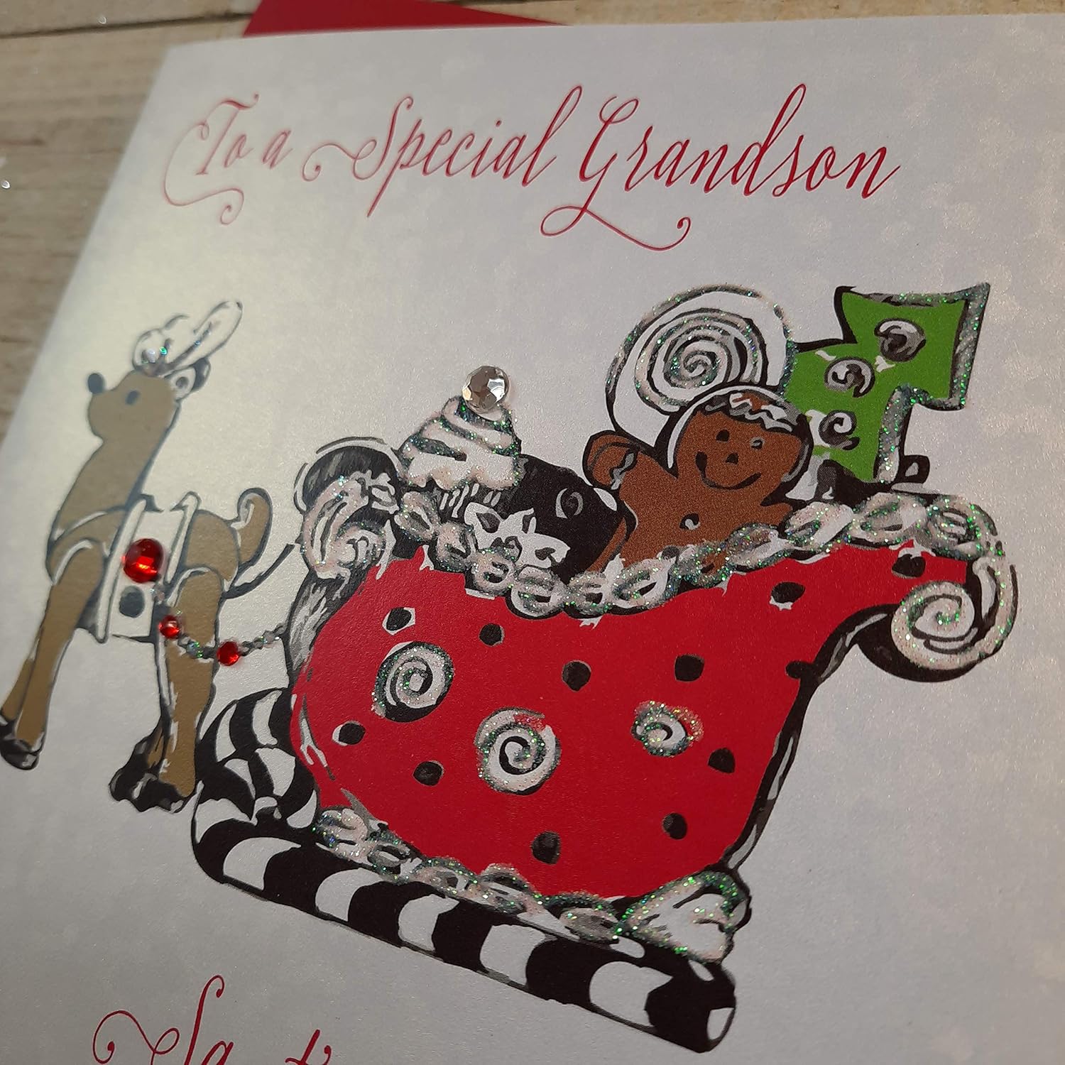 white cotton cards "To a Special Grandson Santa's On His Way! Santa's Sleigh Handmade Card (EX302) - Image 4