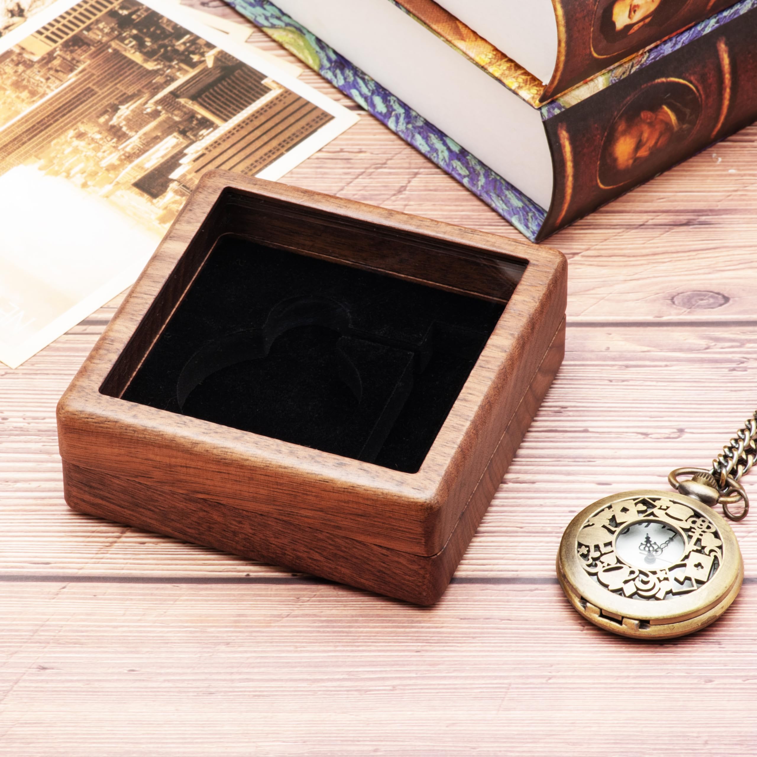 COSISO COSISO Walnut Wood Pocket Watch Box with Clear Acrylic Lid Portable Single Pocket Watch Display Storage Travel Case Organizer for Men Women (Contain Chain Clamp Slot)
