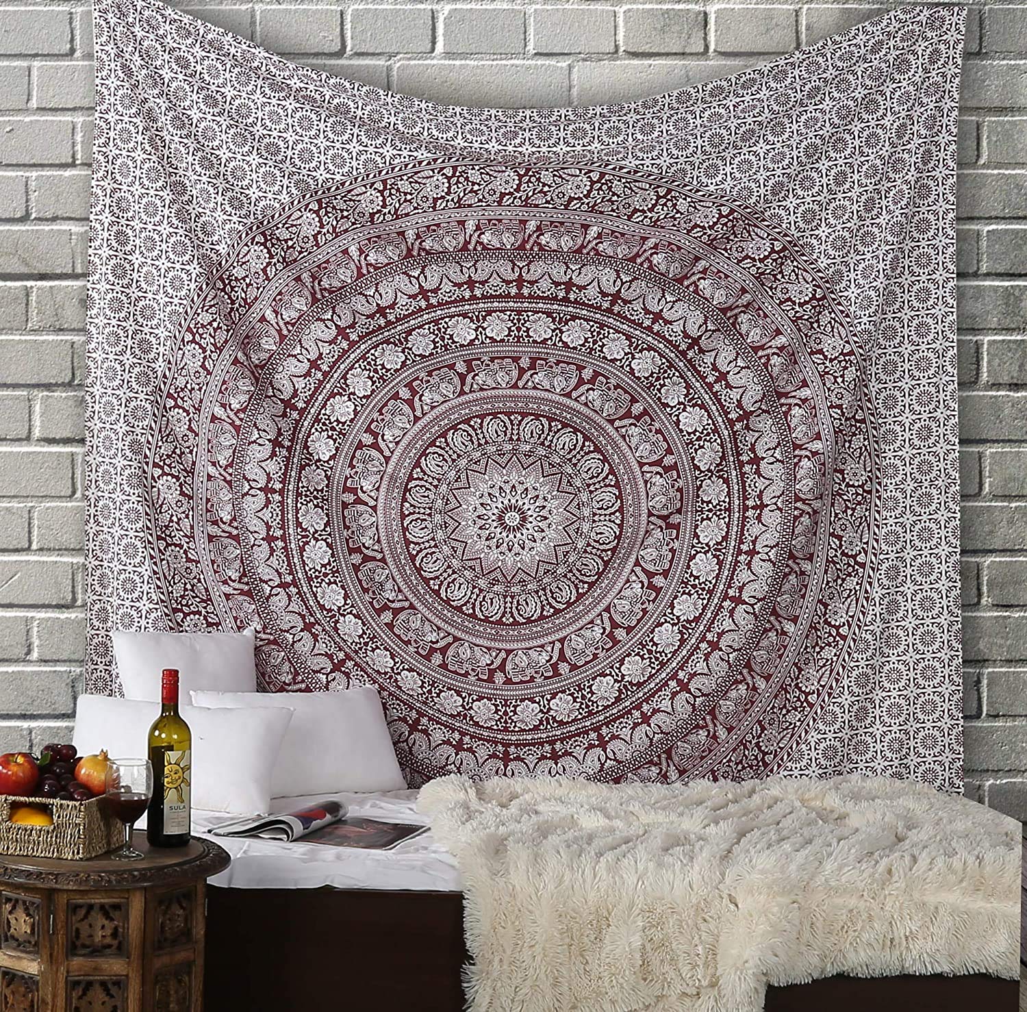 RAJRANG Wall Hanging Elephant Tapestry Mandala Large Hippie Beach Throw Blanket 213x230 cm Boho Indian Cotton Aesthetic Home Decor Tapestries - Burnt Maroon