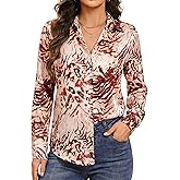 HOTEVE Wrinkle-Resistant Button Down Shirts for Women Silky Dressy Floral Printed Long Sleeve Blouse Business Casual Work Top