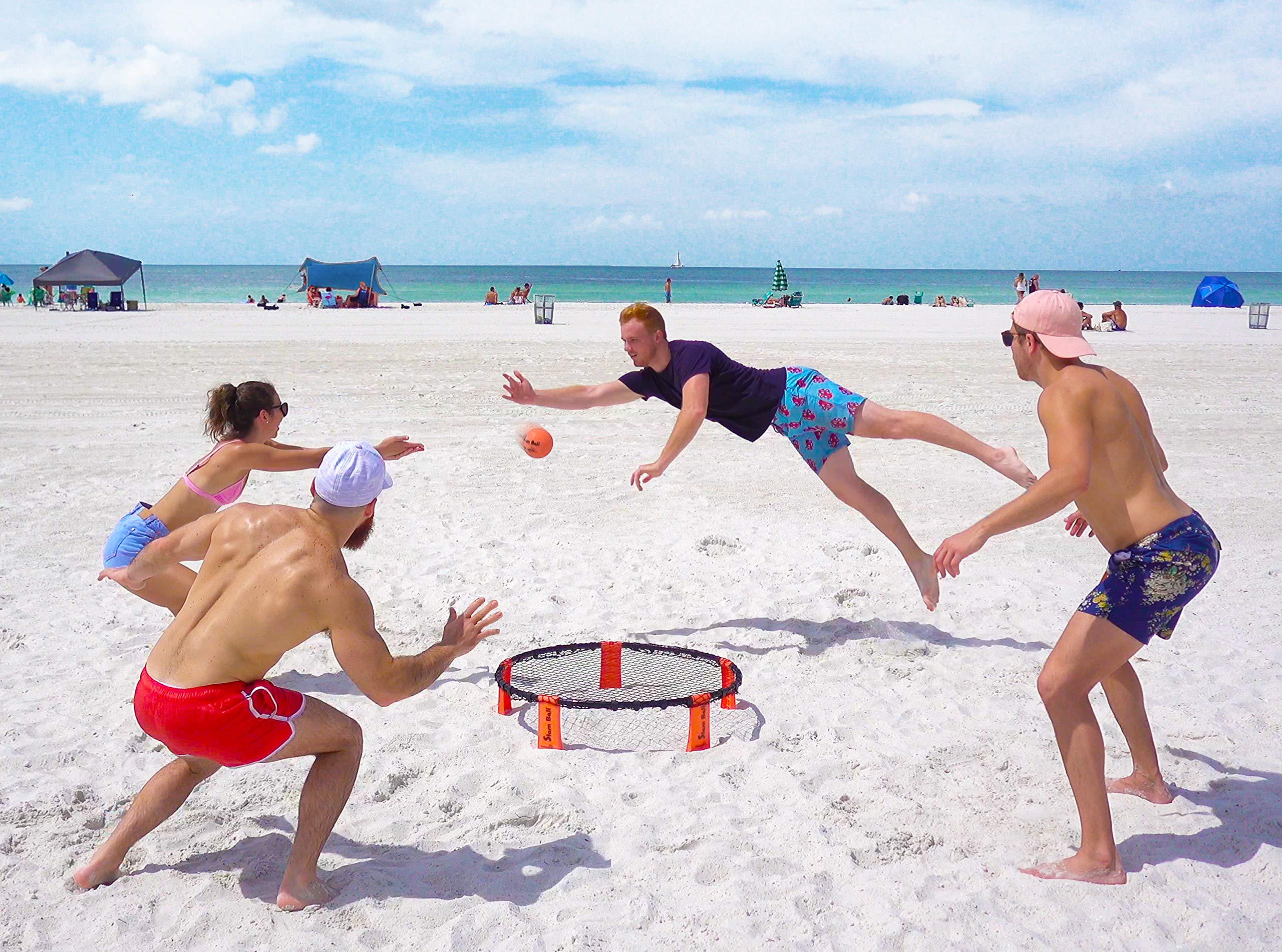 Funsparks Slam Ball Game - Spike The Ball into The Net at a Park, Beach, Lawn and Backyard - Rally, Set, Smash - Includes Playing Net, 3 Balls, Carrying Bag and Rules