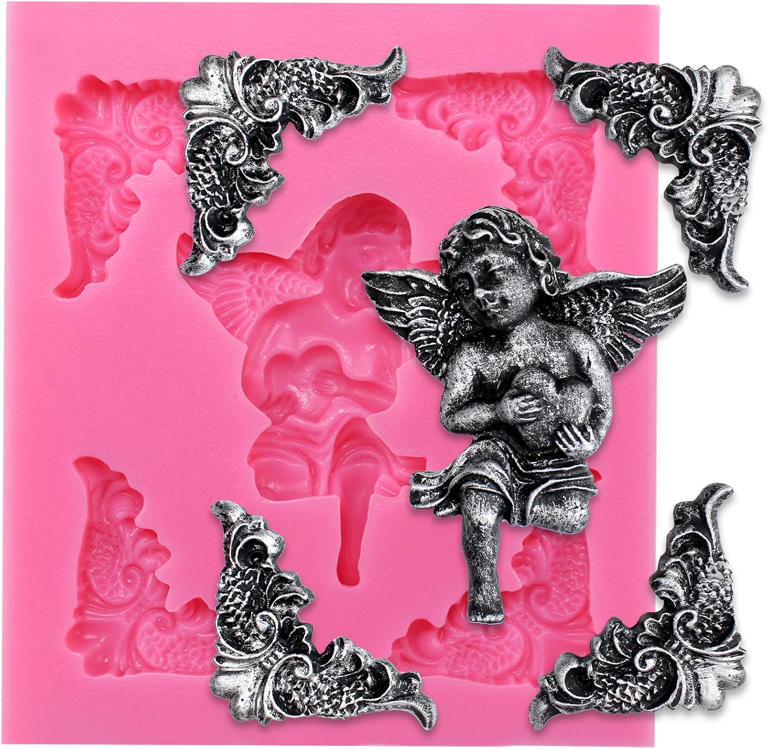 Funshowcase Angelic Cherub Hold Heart with Frame Corner Fondant Silicone Mold for Sugarcraft, Cake Decoration, Cupcake Topper, Chocolate, Pastry, Cookie Decor, Jewelry, Polymer Clay, Crafting Projects