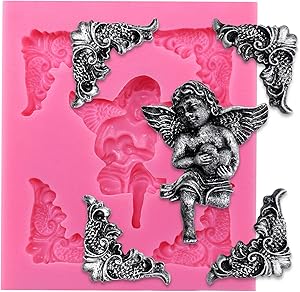 Funshowcase Angelic Cherub Hold Heart with Frame Corner Fondant Silicone Mold for Sugarcraft, Cake Decoration, Cupcake Topper, Chocolate, Pastry, Cookie Decor, Jewelry, Polymer Clay, Crafting Projects