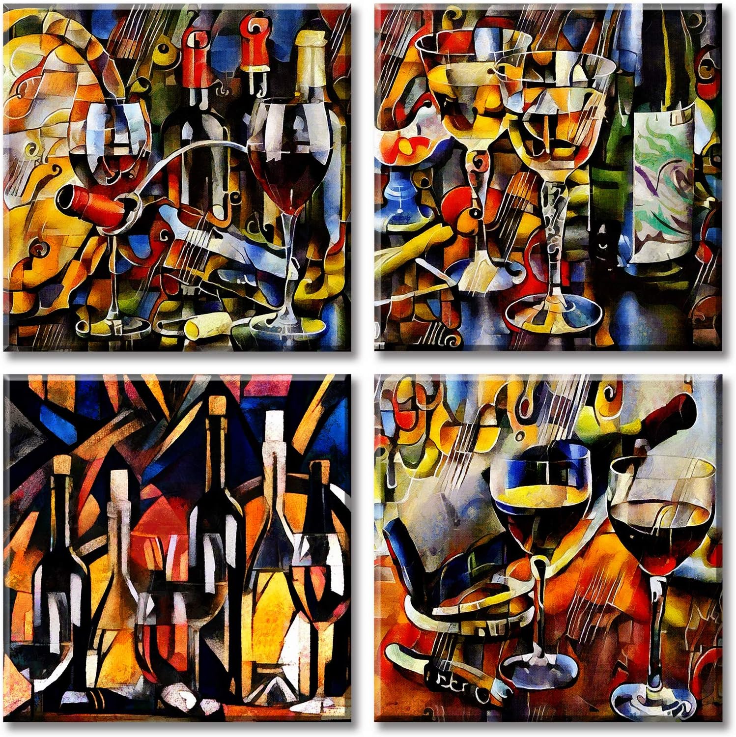 JiazuGo Wine Canvas Wall Art Abstract Graffiti Cup and Bottle Pictures Modern Artwork Colorful Painting Printed for Kitchen Dining Room Home Decor 12x12 inch x 4 Stretched Framed Ready to Hang