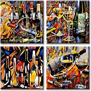 JiazuGo Wine Canvas Wall Art Abstract Graffiti Cup and Bottle Pictures Modern Artwork Colorful Painting Printed for Kitchen Dining Room Home Decor 12x12 inch x 4 Stretched Framed Ready to Hang