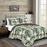 MarCielo 3-Piece Rustic Cabin Quilt Set Reversible Bedspread with Moose and Bear Pattern, Lightweight All Season Cabin Bedding(Green,Queen)