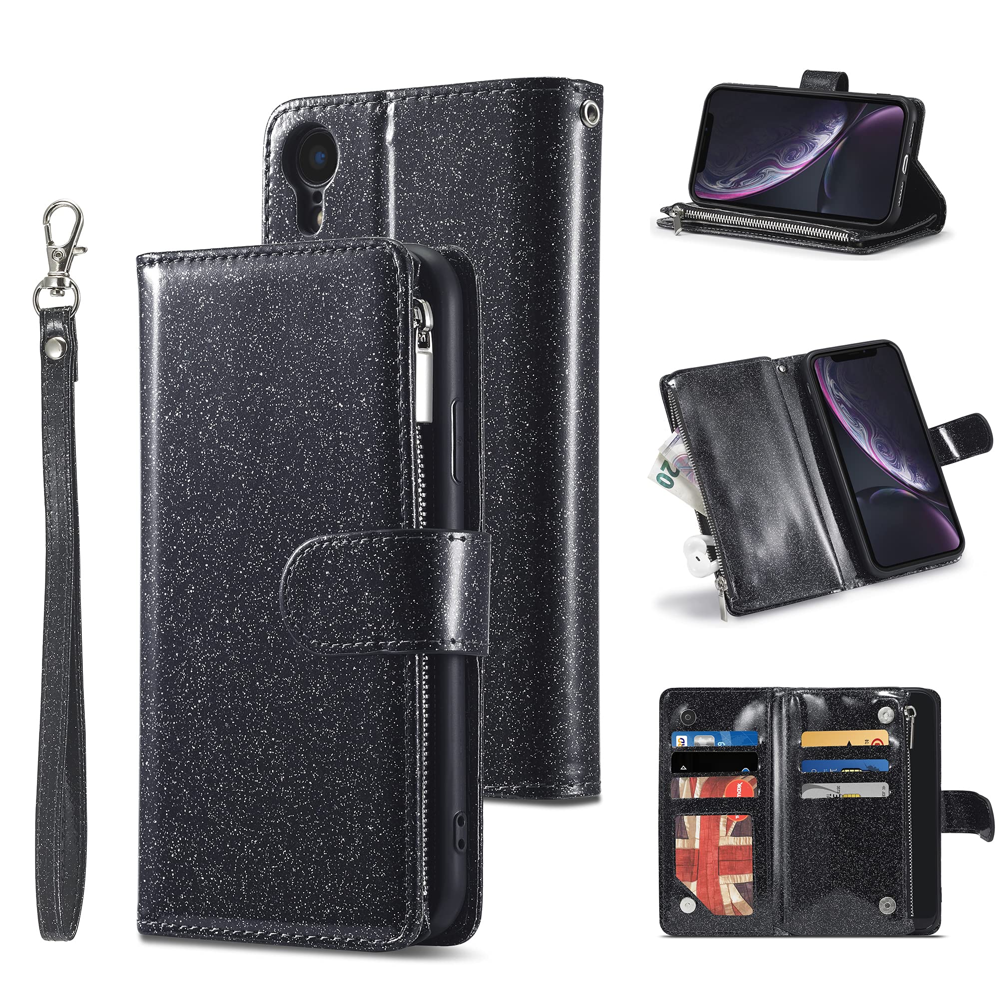 UEEBAI Wallet Case for iPhone XR, Premium Glitter PU Leather Case Magnetic Closure Bling Handbag Zipper Pocket Case Kickstand Card Holder Slots Shockproof Flip Cover for iPhone XR - Glitter Black