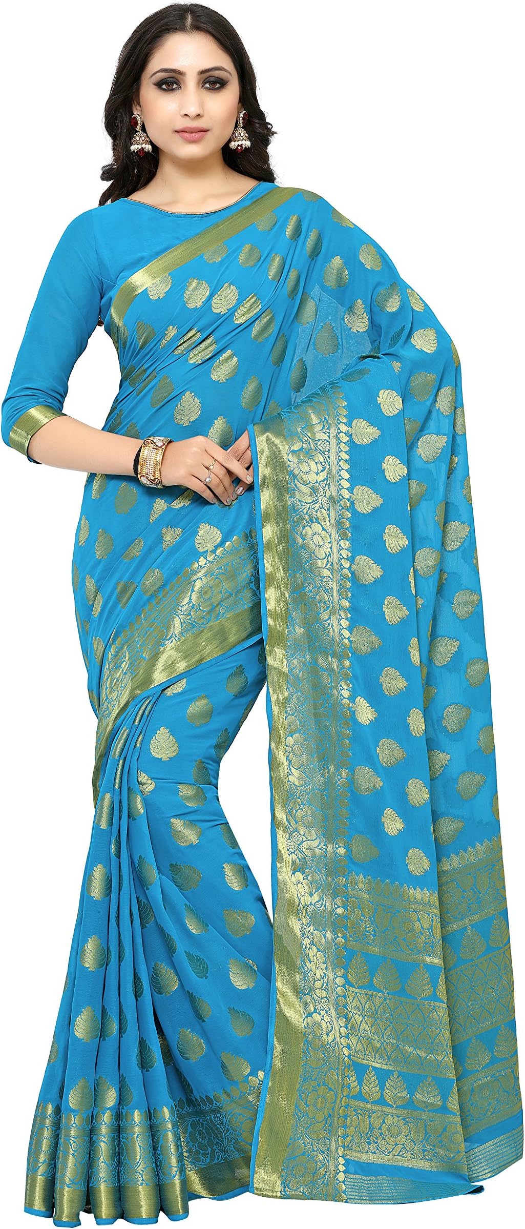 KUPINDA Kanjivaram Style Chiffon Saree Color: Turquoise (4184-2177-SD-SAFF)
