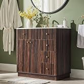 T4TREAM 36" Fluted Bathroom Vanity with Single Sink, Dark Walnut | Integrated Ceramic Sink, Large Storage Cabinet, Adjustable Shelf, 3 Drawers, Three pre-drilled faucet holes, Mid-Century