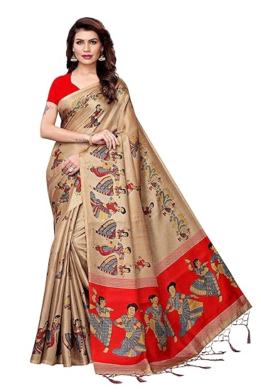 Womens Art Silk Printed Kalamkari Sarees with Tassles (Peanut Beige_stkathakbeige)