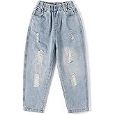 KIDSCOOL SPACE Girl Jeans,Elastic Elastic Waist Patchwok Raw Edge Denim Pants