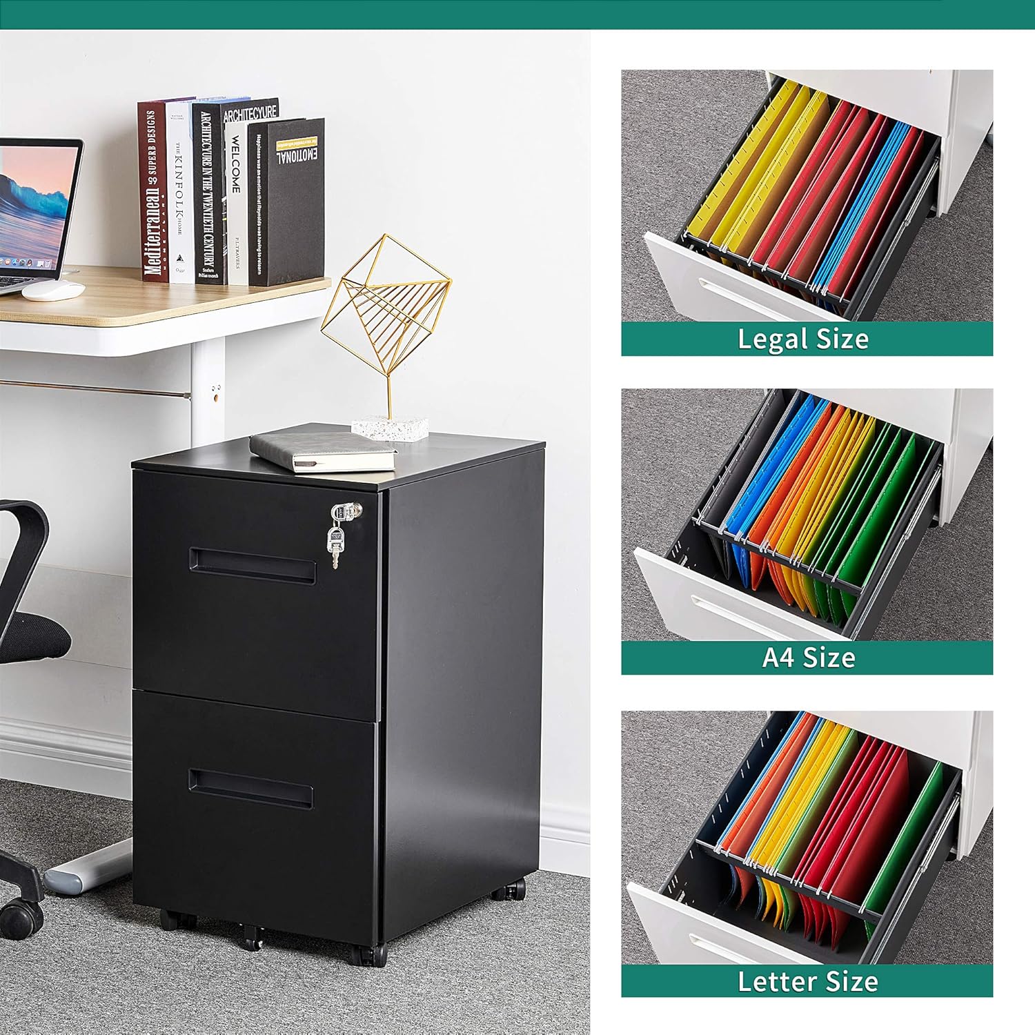 YITAHOME 2-Drawer Mobile File Cabinet with Lock, Office Storage Filing Cabinet for Legal/Letter Size, Pre-Assembled Vertical Metal File Cabinet Except Wheels Under Desk - Black: Furniture & Decor