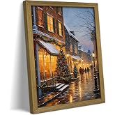 Vintage Christmas Wall Art, Christmas Tree Farm Scene with Red Barn, Rustic Winter Snow Street Canvas Print, Framed Holiday Oil Painting for Living Room Bedroom 12x16 Inch