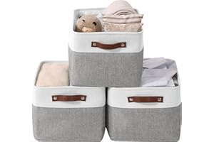 DECOMOMO Storage Baskets for Shelves - Fabric Storage Bins, Linen Closet Organizers and Storage (Grey & White, Large - 3 Pack)