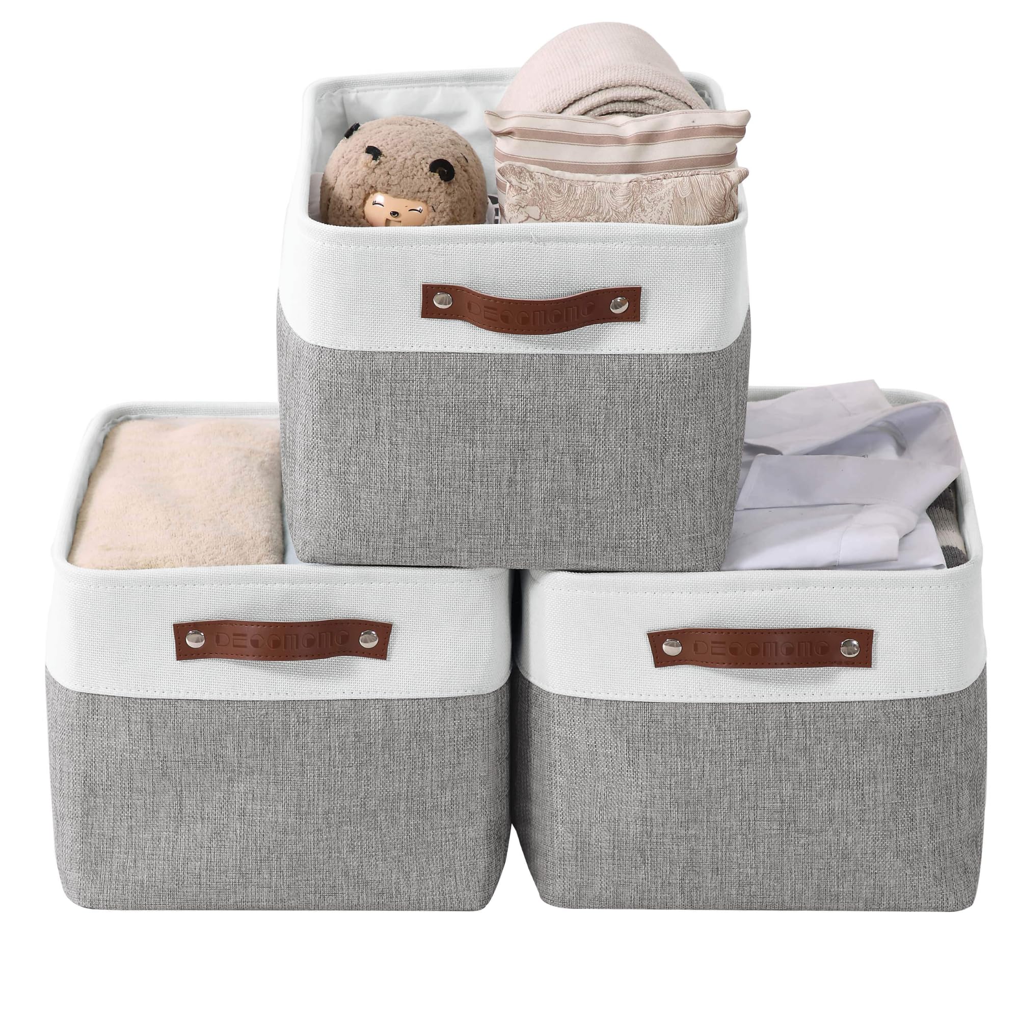 DECOMOMO Storage Baskets | Storage Boxes Fabric Organiser Storage for Wardrobe, Toys, Shelves, Office, Home & Nursery (Large Grey and White 15 x 11 x 9.5 – Set of 3)