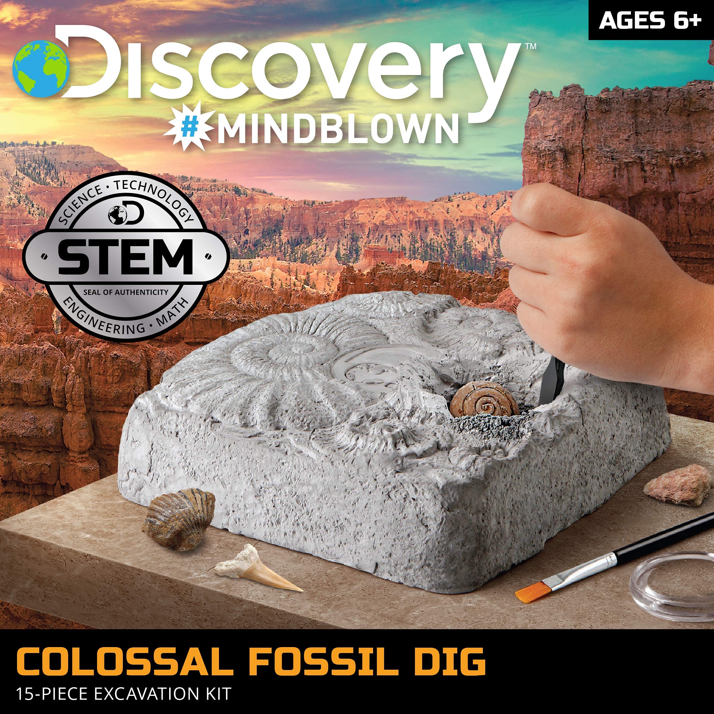 Discovery #MINDBLOWN Colossal Fossil Dig Set, 15-Piece Archaeology Excavation Kit, Uncover Real Shark Teeth & More, Every Fossil Set is Unique, STEM Toys for Boys and Girls