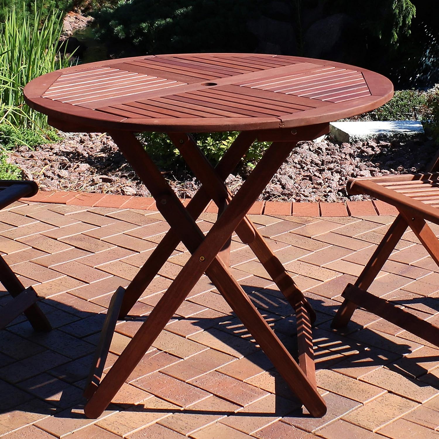 Sunnydaze Meranti Wood Folding 35.5-Inch Round Outdoor Dining Table with Teak Oil Finish - Perfect for Camping and Outdoor Entertaining - Ideal for Backyard, Front Porch, Balcony and Patio : Garden & Outdoor