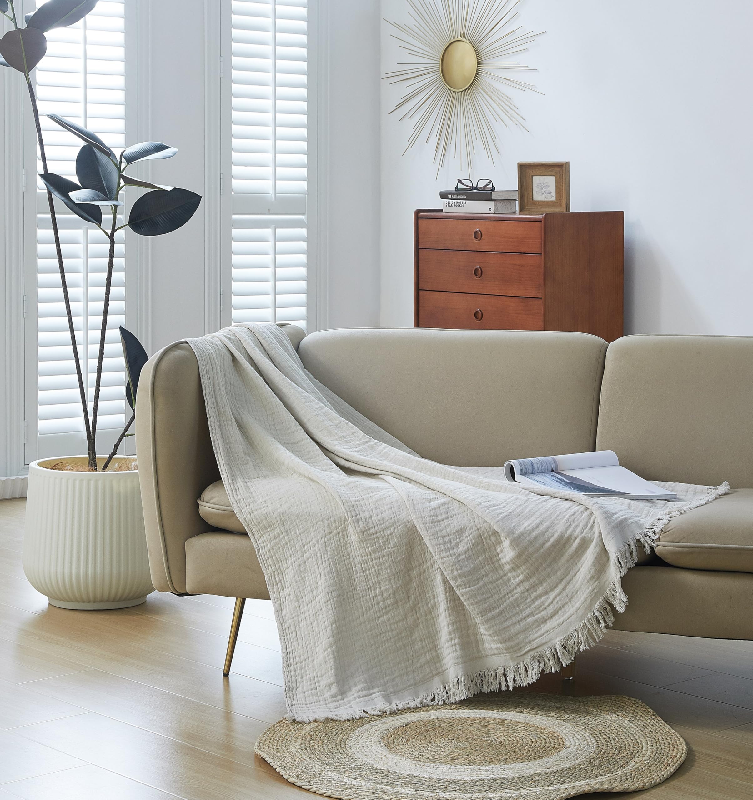 Photo 1 of 100% Cotton Muslin Throw Blanket for Bed, Couch, Small, Decorative, Soft, Pre-Washed, Breathable and Lightweight Gauze Blanket with Fringes, Suitable for All Seasons, Linen Grey, 50"x60"