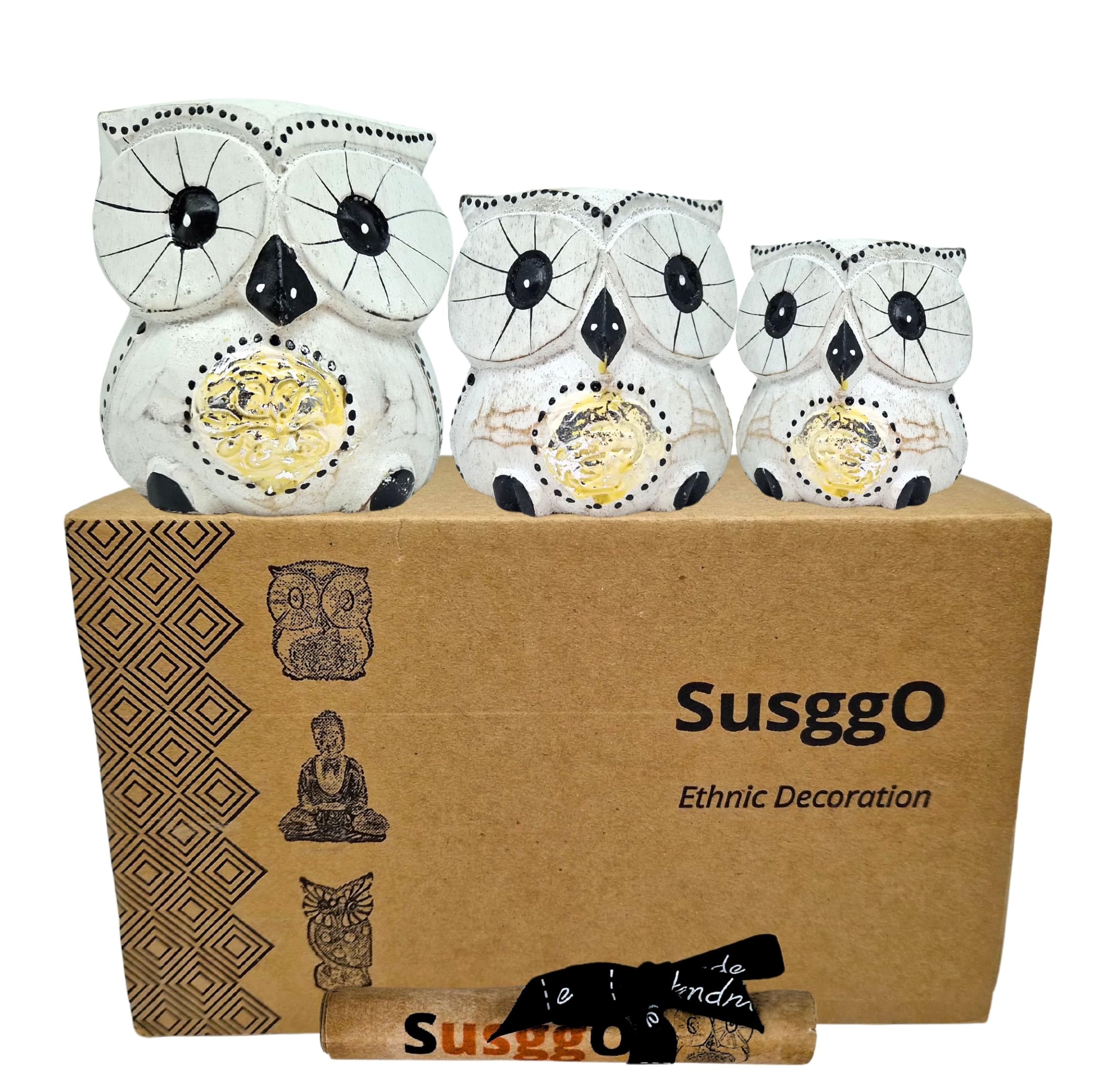 SusggO Set of 3 Decorative Wooden Owls, Decoration, Hand-Carved, Lucky Owl, Craft Idea, Furniture Ornament (White, Silver Details)