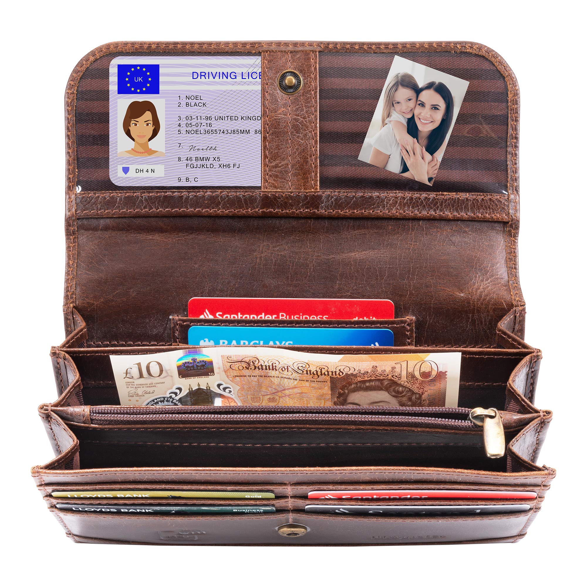 moonster Leather Purses for Women, Real Leather Womens Purse w/RFID Protection, Large Capacity Ladies Purse – 2 Zip, 3 Open & 2 Clear Pockets + 9 Card Slots, Wallet for Women Classic Brown 20x10cm