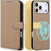 VISOUL Wallet Case for iPhone 17 Pro Max with Card Slots Pebbled Real Leather Protective Cover, RFID Blocking Kickstand Magnetic Folio Case Designed for iPhone 17 Pro Max (6.9")-Light Gray+Yellow