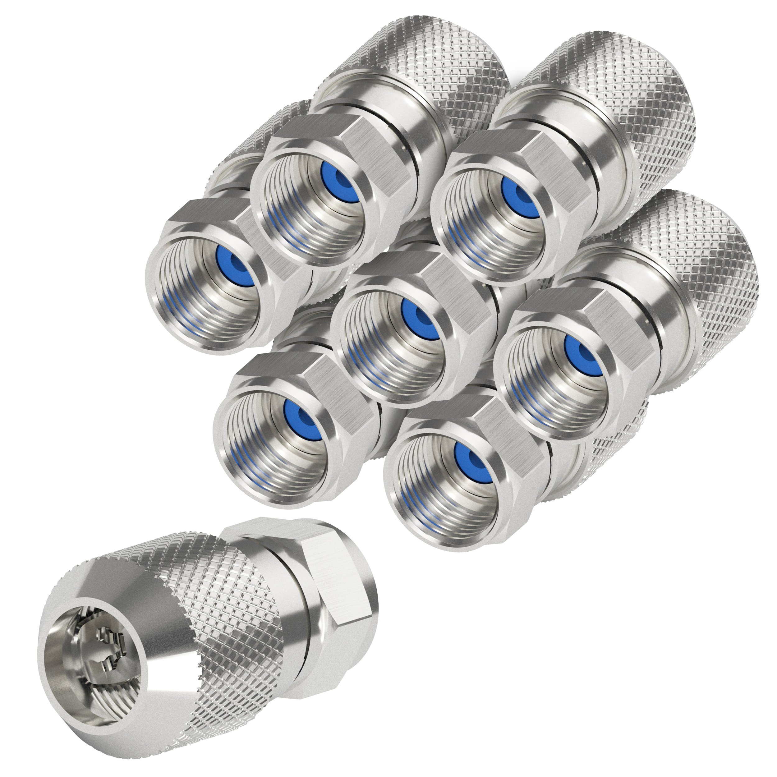 mumbi 26174 Premium F-Connector for Satellite Aerial Coaxial Cable with Diameter 6.8-7.0 mm, Very Easy Installation, Chrome with Inner Ring in Blue (Pack of 8)