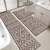 HEBE Bathroom Rugs Sets 5 Piece, Soft Absorbent Microfiber Bath Mat for Bathroom, Non Slip Washable Bath Rug Set with Toilet Cover, Bath Runner and U-Shaped Contour Toilet Rug, Coffee