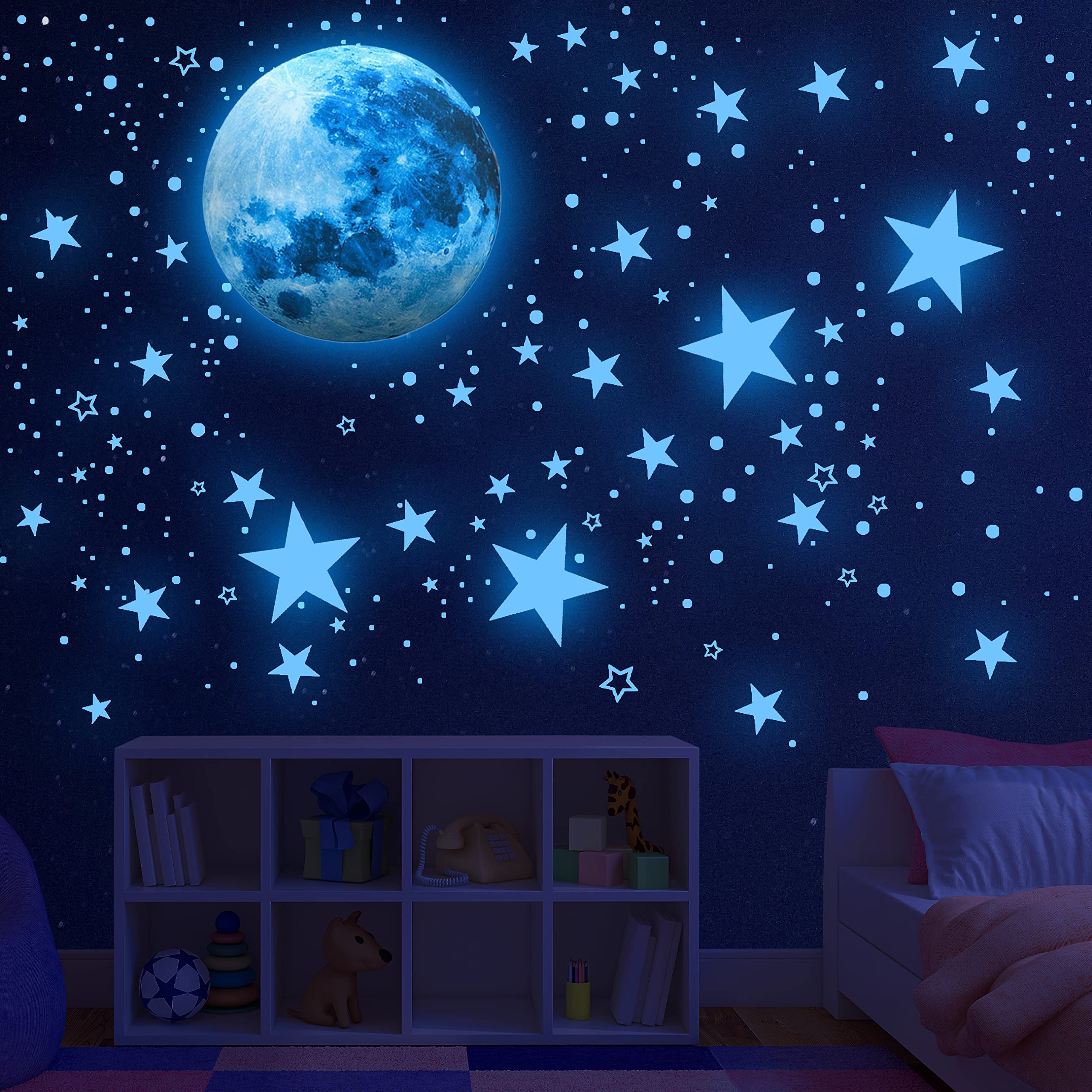 Glow in The Dark Stars for Ceiling,Glow in The Dark Stars and Moon Wall Decals, Ceiling Stars Glow in The Dark Kids Wall Decors, Perfect for Kids Nursery Bedroom Living Room